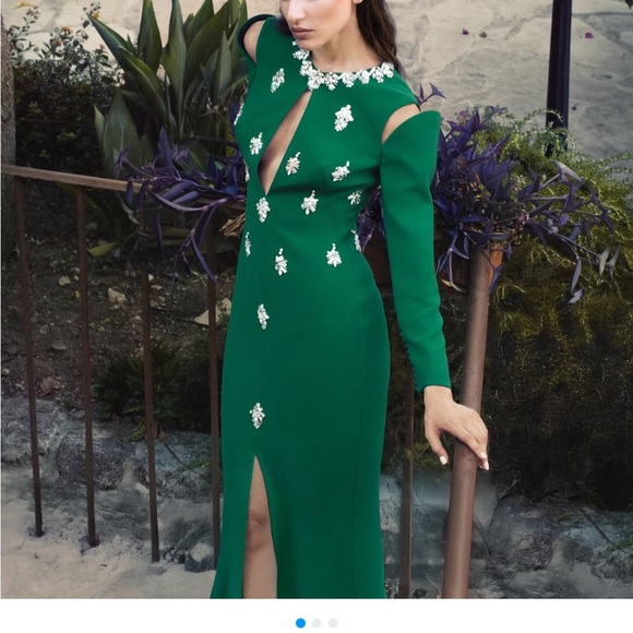 Chic Emerald Long Sleeve Dress with Floral Accents - Picture 1 of 4